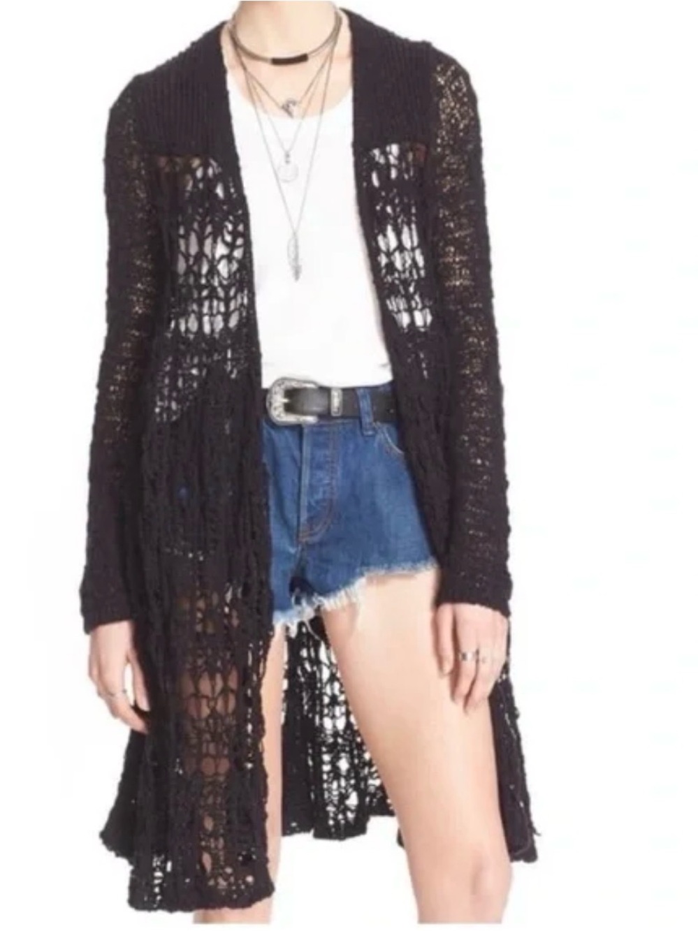Free People Black Openwork Crochet Duster Cardigan